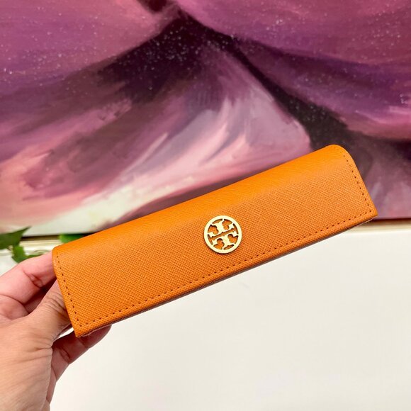 Tory Burch‎ Orange Saffiano Leather Eyeglass Case With Gold Logo - Picture 2 of 9